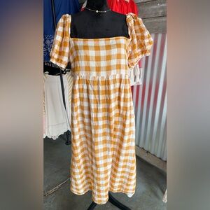 New Look Mustard and White Gingham Print Midi Dress with Square Neckline Size 14
